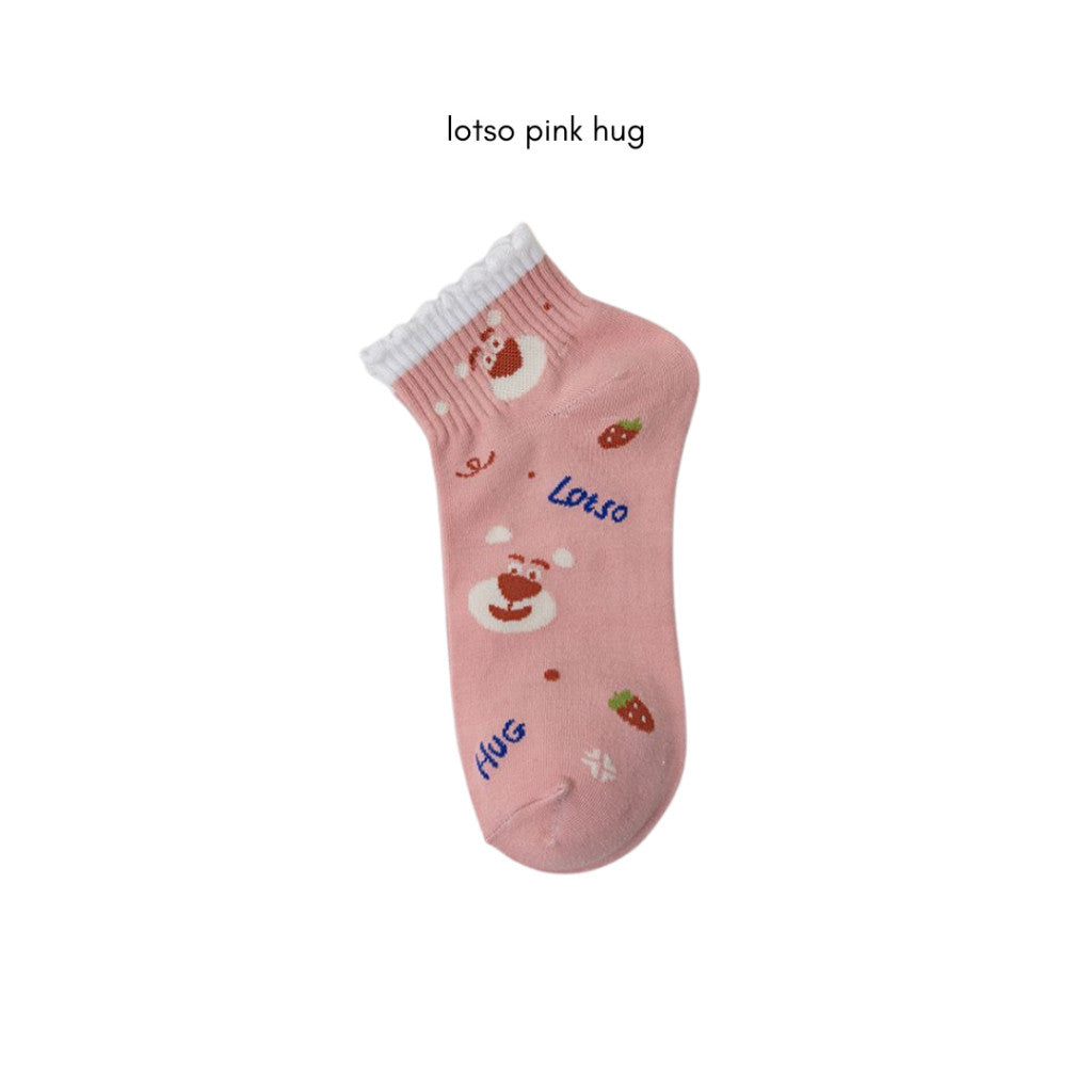 [littlecrab] Kaos Kaki Pendek Lotso Beruang Pink Unik Lucu Cute Short Socks White Full Pattern