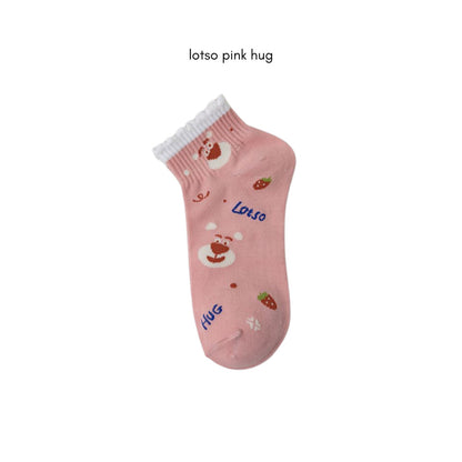 [littlecrab] Kaos Kaki Pendek Lotso Beruang Pink Unik Lucu Cute Short Socks White Full Pattern