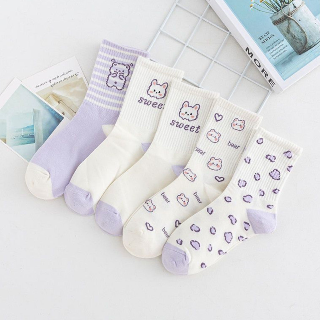 [littlecrab] Kaos Kaki Panjang Lilac Beruang Ungu Putih Unik Lucu Berkualitas Long Socks Aesthetic