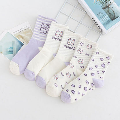 [littlecrab] Kaos Kaki Panjang Lilac Beruang Ungu Putih Unik Lucu Berkualitas Long Socks Aesthetic