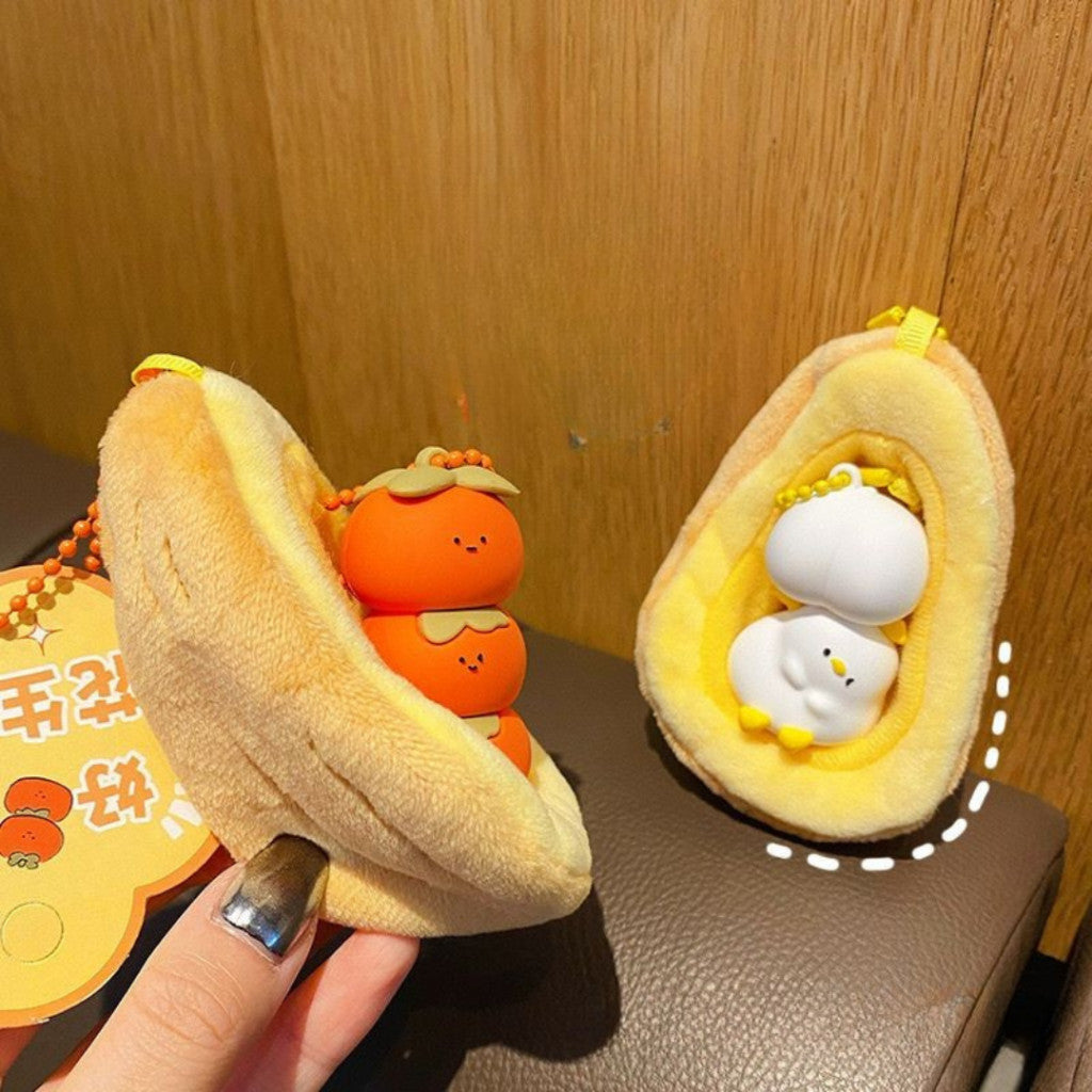 [littlecrab] Gantungan Kunci Kacang Tomat Bebek Boneka Puff Double Keychain Unik Gantungan Beranak