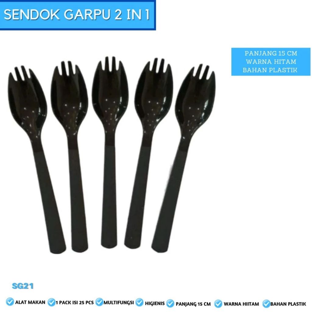 25 Pcs Spork 2 in 1 Hitam / Sendok Garpu Plastik 2in1 Panjang Kuat Tebal