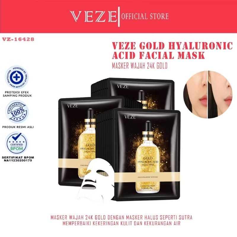 Pekanbaru [Bpom] - Veze 24K Pure Gold Hyaluronic Acid Facial Mask Masker Wajah 24K