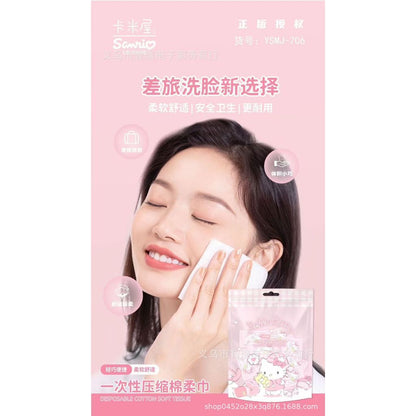 [littlecrab] Disposable Cotton Soft Tissue Handuk Mini Sekali Pakai Bahan Lembut Motif Cinnamoroll Pochacco Hello Kitty Handuk Kompress Mini Travelling
