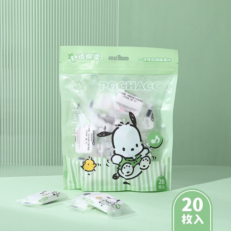 [littlecrab] Disposable Cotton Soft Tissue Handuk Mini Sekali Pakai Bahan Lembut Motif Cinnamoroll Pochacco Hello Kitty Handuk Kompress Mini Travelling