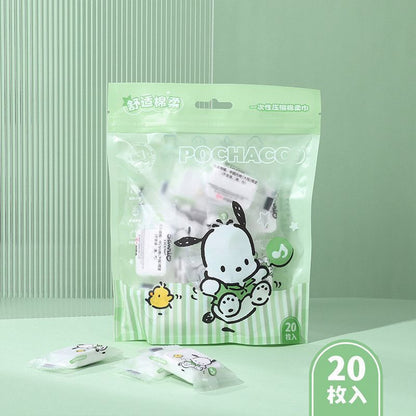 [littlecrab] Disposable Cotton Soft Tissue Handuk Mini Sekali Pakai Bahan Lembut Motif Cinnamoroll Pochacco Hello Kitty Handuk Kompress Mini Travelling