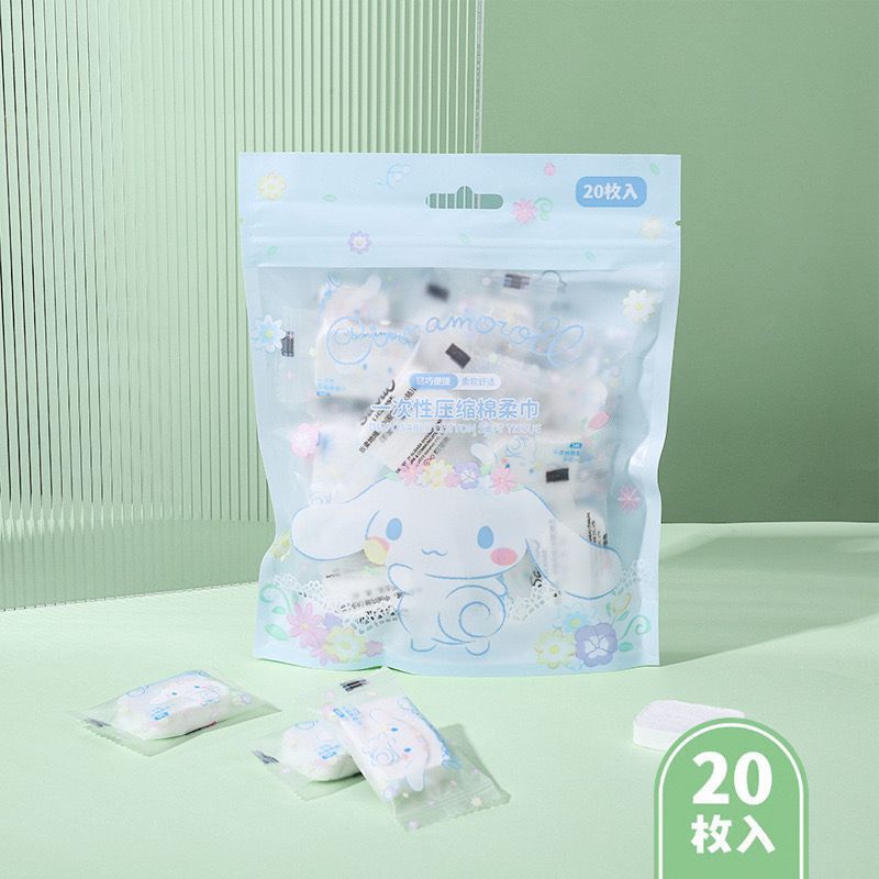 [littlecrab] Disposable Cotton Soft Tissue Handuk Mini Sekali Pakai Bahan Lembut Motif Cinnamoroll Pochacco Hello Kitty Handuk Kompress Mini Travelling