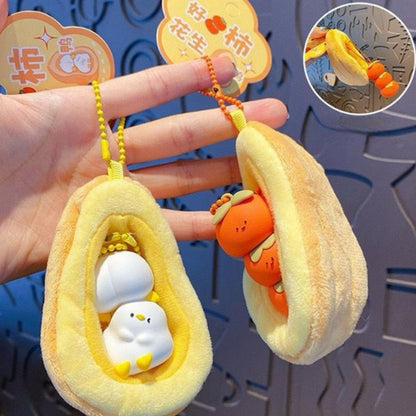 [littlecrab] Gantungan Kunci Kacang Tomat Bebek Boneka Puff Double Keychain Unik Gantungan Beranak