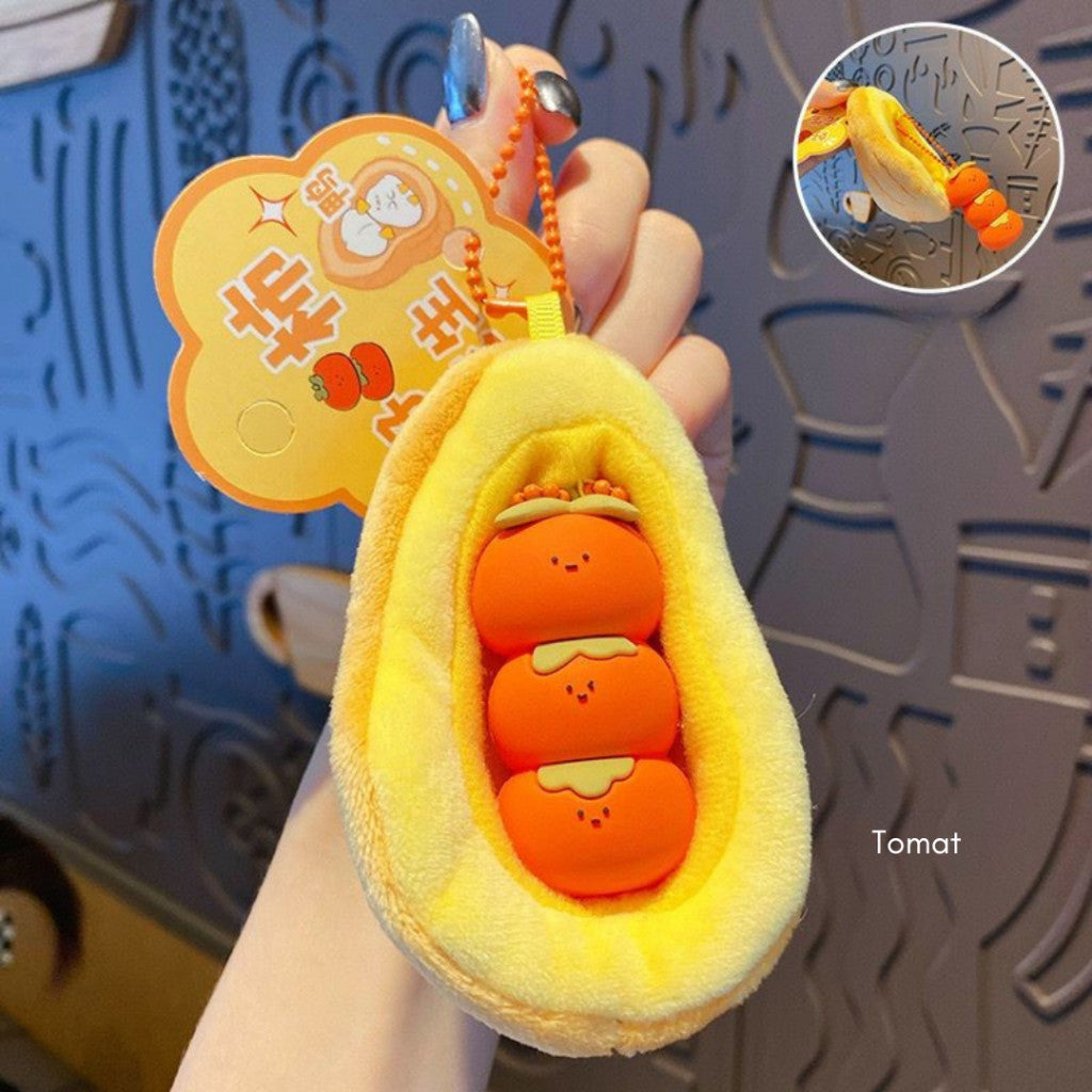 [littlecrab] Gantungan Kunci Kacang Tomat Bebek Boneka Puff Double Keychain Unik Gantungan Beranak