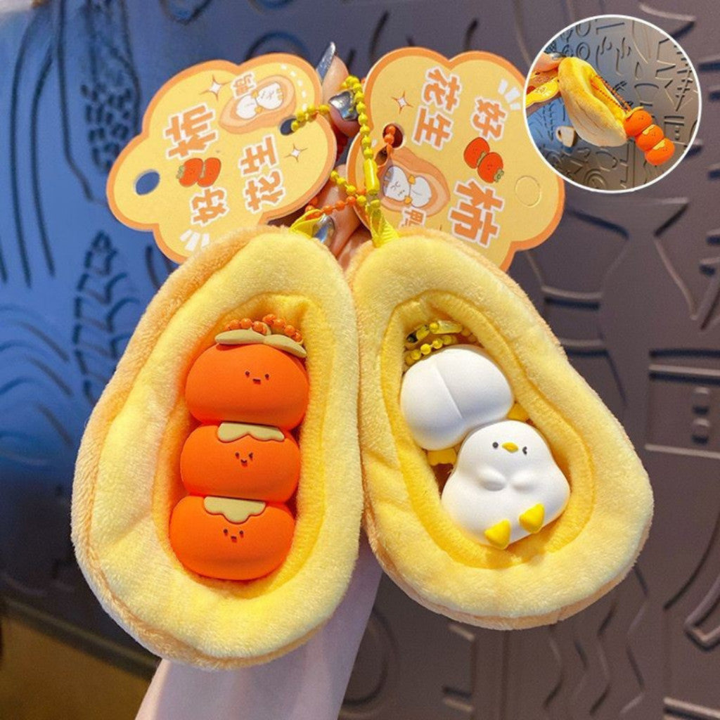 [littlecrab] Gantungan Kunci Kacang Tomat Bebek Boneka Puff Double Keychain Unik Gantungan Beranak