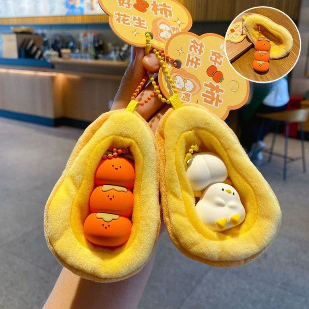 [littlecrab] Gantungan Kunci Kacang Tomat Bebek Boneka Puff Double Keychain Unik Gantungan Beranak