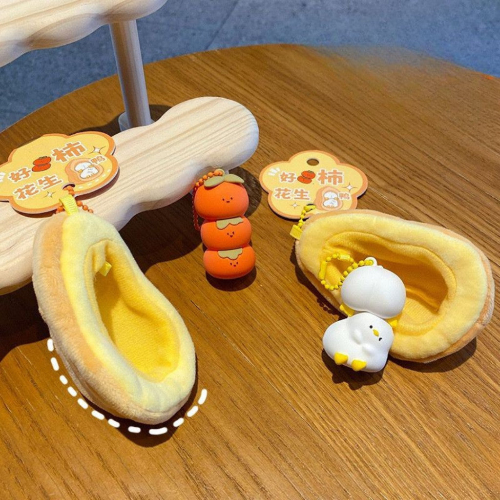 [littlecrab] Gantungan Kunci Kacang Tomat Bebek Boneka Puff Double Keychain Unik Gantungan Beranak
