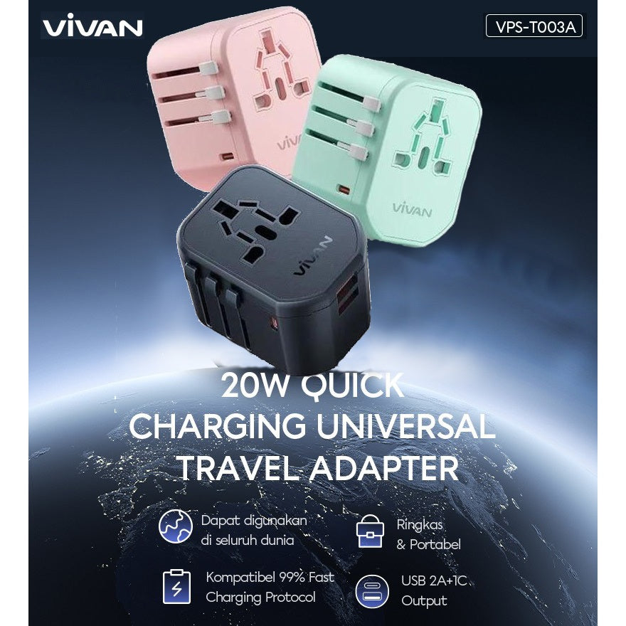 Pekanbaru Vivan Vps-T003A Universal Travel Adaptor 20W (Black / Pink / Green)