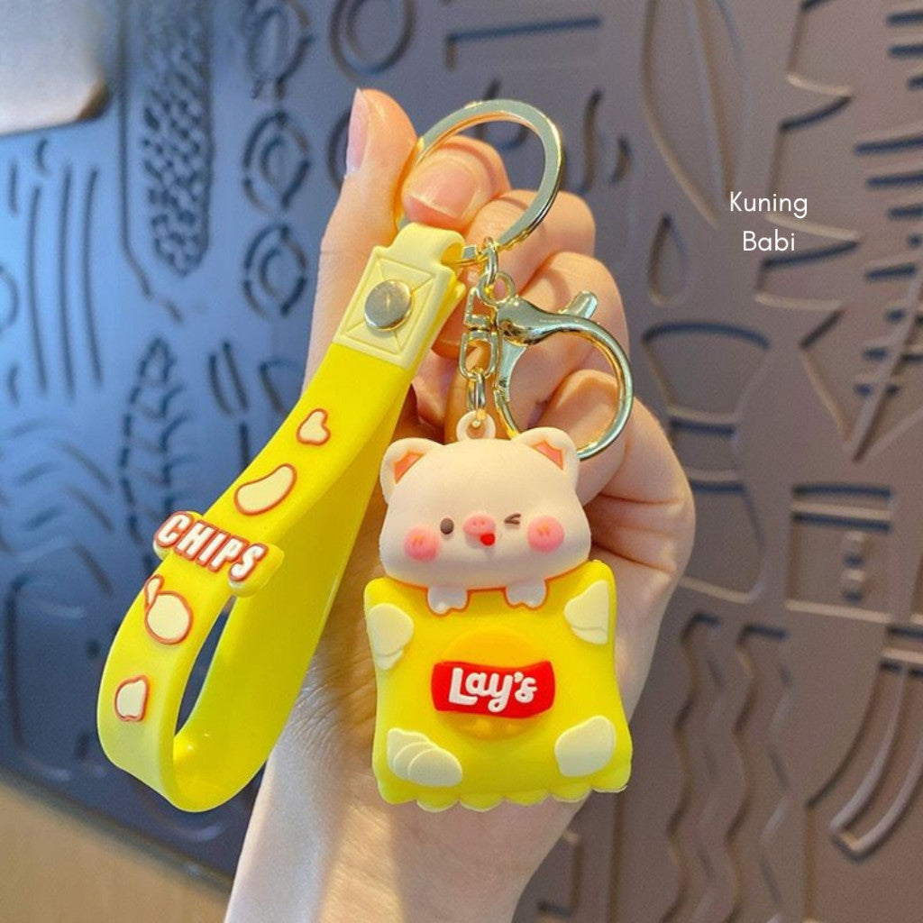 [littlecrab] Gantungan Kunci Snack Lays Karakter Panda Babi Keychain Gemoy Makanan Ringan Chips