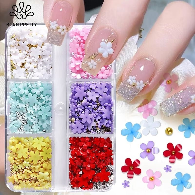 Pekanbaru Born Pretty 6Kisi 3D Bunga Akrilik Putih Untuk Hiasan Kuku Resin Emas Baja