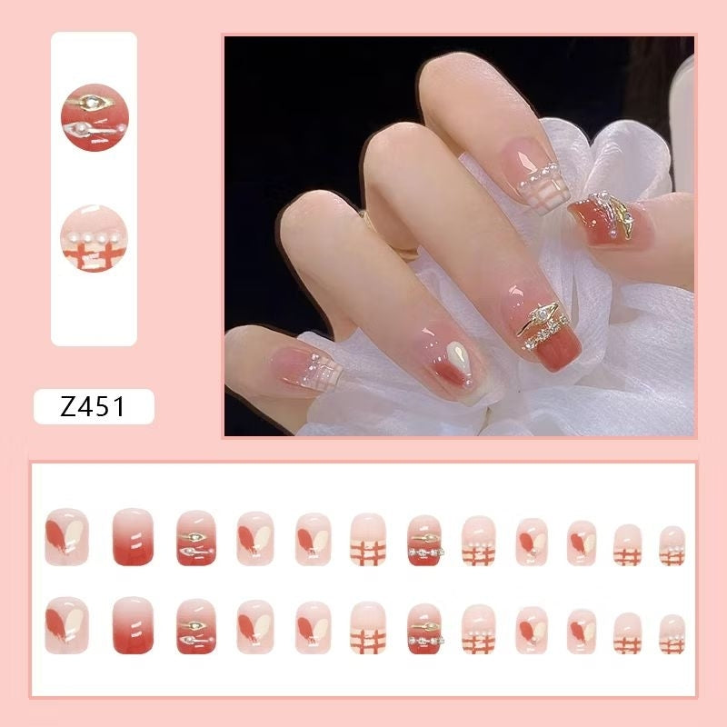 Pekanbaru (24Pcs Free Lem) Kuku Palsu Murah Tahan Air Fashion Nail Art 3D Korea Fake Nails Manicure
