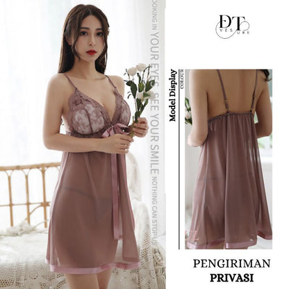 Pekanbaru Lingerie Seksi Set Free Size Include Busa Dada  Dress Baju Tidur Wanita Dinas Malam Panjang Set D-29