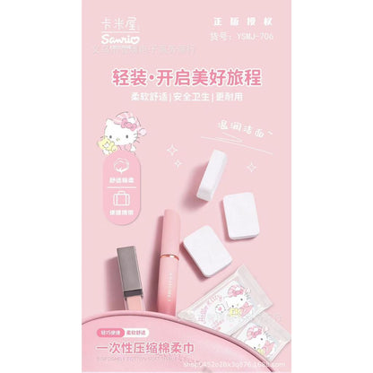 [littlecrab] Disposable Cotton Soft Tissue Handuk Mini Sekali Pakai Bahan Lembut Motif Cinnamoroll Pochacco Hello Kitty Handuk Kompress Mini Travelling