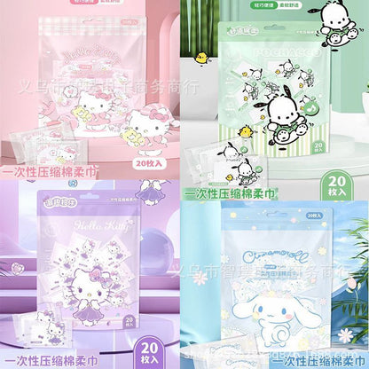 [littlecrab] Disposable Cotton Soft Tissue Handuk Mini Sekali Pakai Bahan Lembut Motif Cinnamoroll Pochacco Hello Kitty Handuk Kompress Mini Travelling