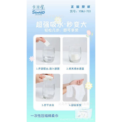 [littlecrab] Disposable Cotton Soft Tissue Handuk Mini Sekali Pakai Bahan Lembut Motif Cinnamoroll Pochacco Hello Kitty Handuk Kompress Mini Travelling