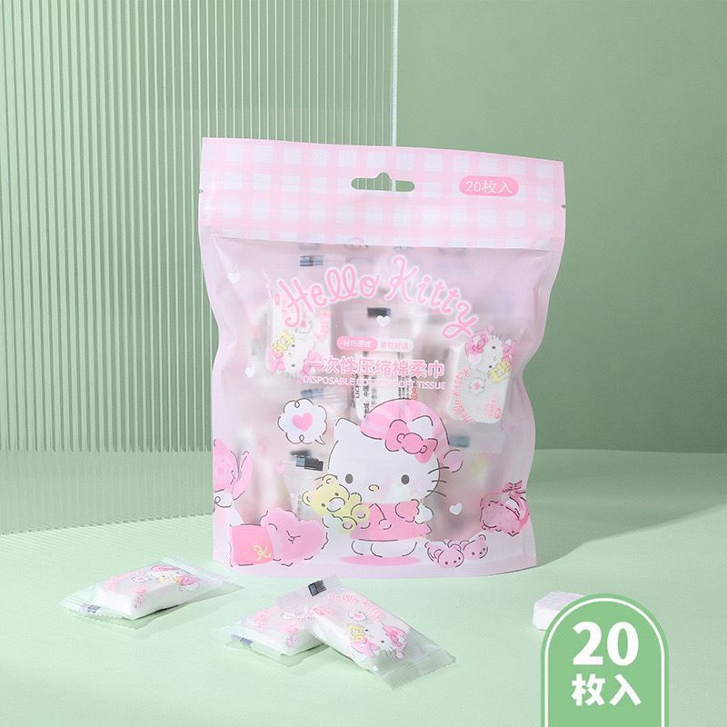 [littlecrab] Disposable Cotton Soft Tissue Handuk Mini Sekali Pakai Bahan Lembut Motif Cinnamoroll Pochacco Hello Kitty Handuk Kompress Mini Travelling