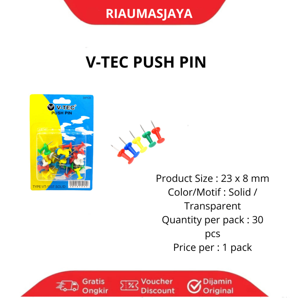 Pekanbaru V-Tec Push Pin Paku Payung Warna Warni Untuk Styrofoam - 1 Pack Isi 30