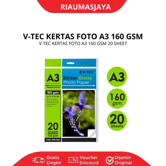 Pekanbaru V-Tec Sticker Glossy Photo Paper Waterproof A3 160Gsm (20 Sheet)