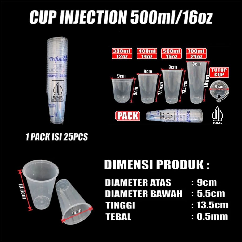 Cup Injection 12Oz 14Oz 16Oz 22Oz Bening Anti Tumpah Bahan PP Halal Untuk Minuman Panas dan Dingin