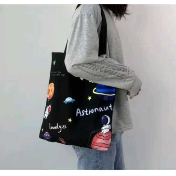 Tote Bag Wanita Simple Tote bag Printing Motif Aesthethic Tote Bag Canvas Resleting Full Colour Tas Sekolah Kuliah