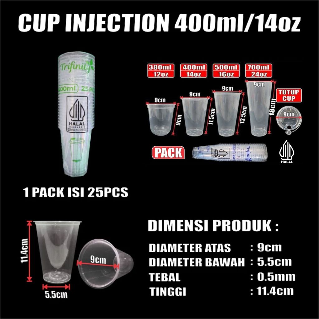 Cup Injection 12Oz 14Oz 16Oz 22Oz Bening Anti Tumpah Bahan PP Halal Untuk Minuman Panas dan Dingin