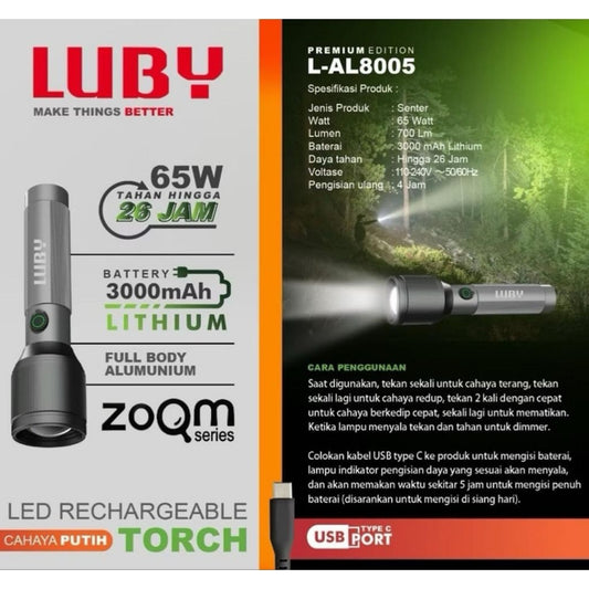 Pekanbaru Senter Luby Cahaya Putih / Senter Tangan Zoom Luby  L-Al8005 65Watt