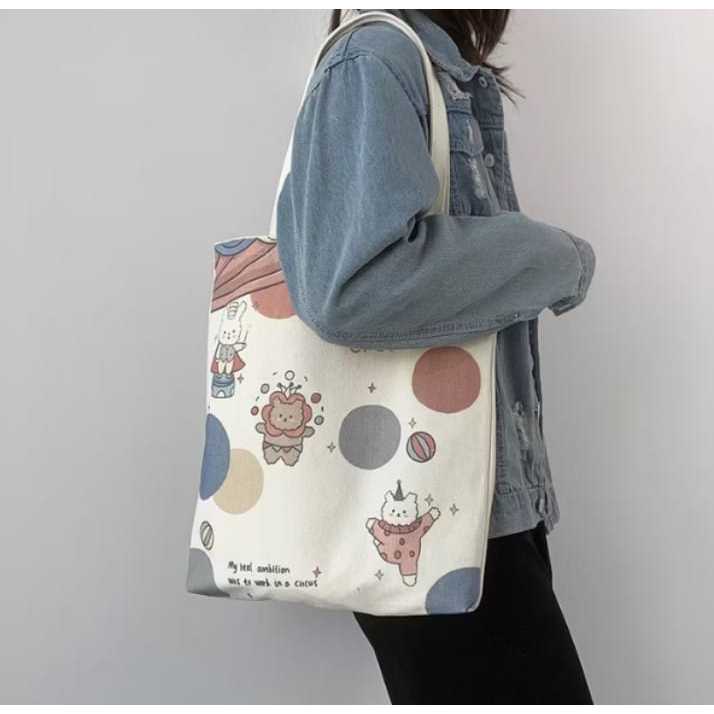 Tote Bag Wanita Simple Tote bag Printing Motif Aesthethic Tote Bag Canvas Resleting Full Colour Tas Sekolah Kuliah