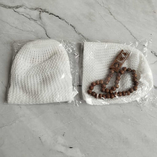 Pekanbaru HR-Peci Rajut Dewasa dan Tasbih Souvenir Haji/Umroh Hajatan Dll (Peci+ Tasbih) Paket 25pcs Peci Krem