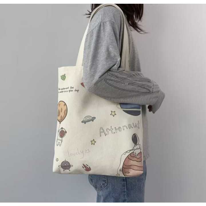 Tote Bag Wanita Simple Tote bag Printing Motif Aesthethic Tote Bag Canvas Resleting Full Colour Tas Sekolah Kuliah