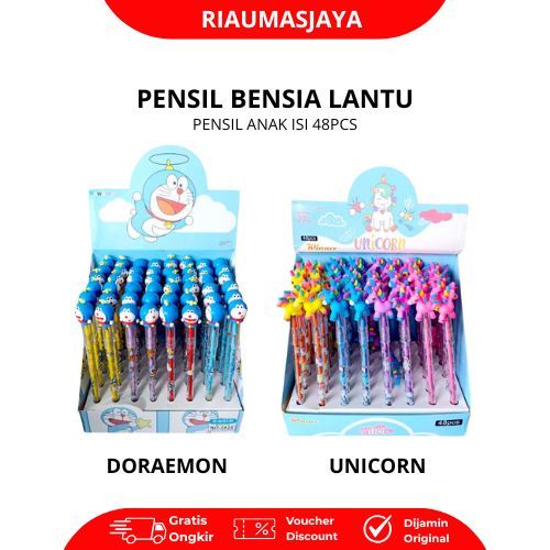 Pekanbaru Bensia Lantu Pensil Karakter Kepala Fancy Doraemon & Unicorn 1 Box 48 Pcs Alat Tulis Lucu Unik Praktis