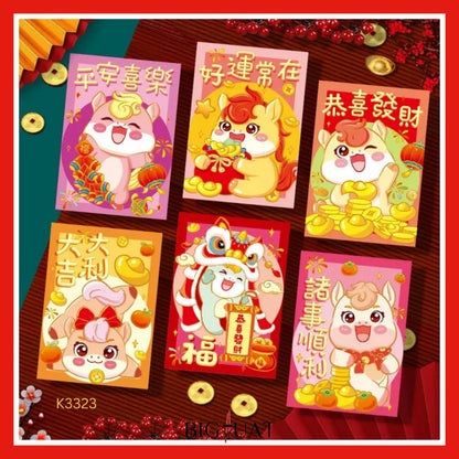 [littlecrab] 6pcs Angpao Kertas Tahun 2026 Angpao Kuda Amplop Angpau Imlek  Pendek Kartun / Hong Bao Merah