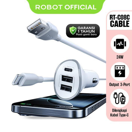 Pekanbaru Robot Car Charger 3 Port Fast Charging 24W Free Kabel Type C Colokan Charger Mobil Rt-C08C Original - Garansi 1 Tahun