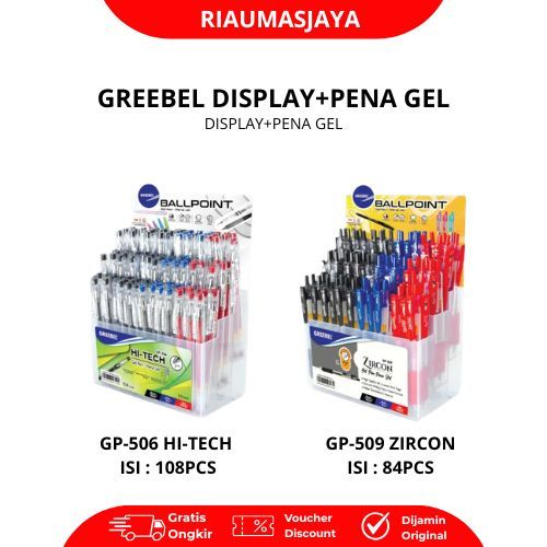 Pekanbaru Greebel Display + Pena Gel Gp-506 Hi-Tech & Gp-509 Zircon Isi 108Pcs & 84Pcs Ballpoint Pen