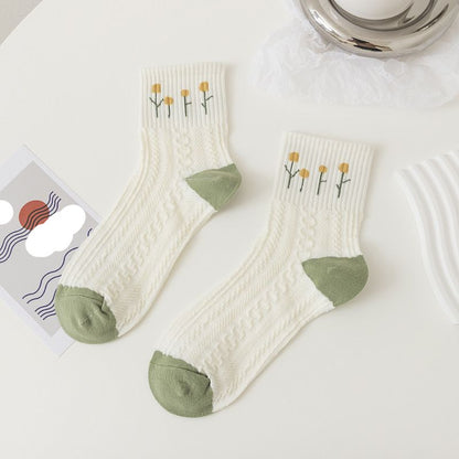 [littlecrab] Kaos Kaki Knit Hijau Bunga Daun Base Putih Cream Import Sock High Quality Cute Soft Green Korean Style