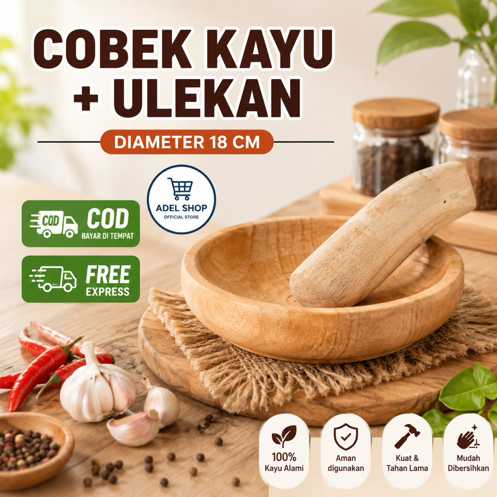 cobek kayu plus ulekan ukuran 19 cm / Cobek Ulekan sambal