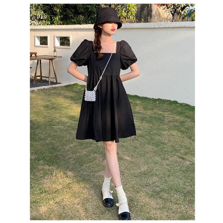 [littlecrab] Dress Square Neck Lengan Balon Simple Polos Orange Hitam Dress Bahan Berkualitas Lembut Elegan Dress Pendek Korean Style Simply Aesthetic