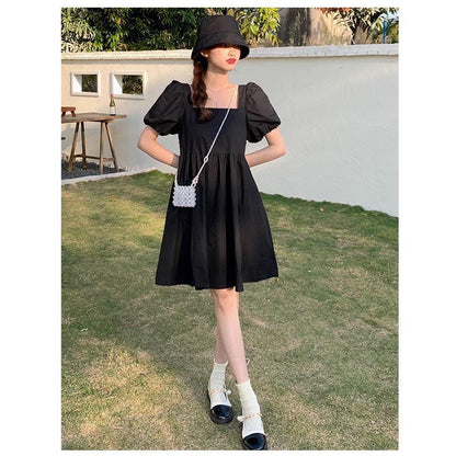 [littlecrab] Dress Square Neck Lengan Balon Simple Polos Orange Hitam Dress Bahan Berkualitas Lembut Elegan Dress Pendek Korean Style Simply Aesthetic
