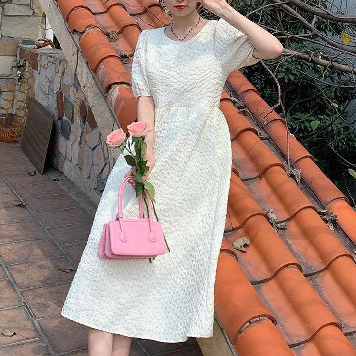 [littlecrab] Dress Bubble Panjang Tali Punggung Motif Polos Hitam Putih Lilac Simple Elegan Dress Panjang Lengan Pendek Kasual Berkualitas Simple