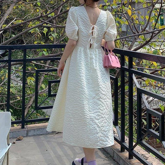 [littlecrab] Dress Bubble Panjang Tali Punggung Motif Polos Hitam Putih Lilac Simple Elegan Dress Panjang Lengan Pendek Kasual Berkualitas Simple