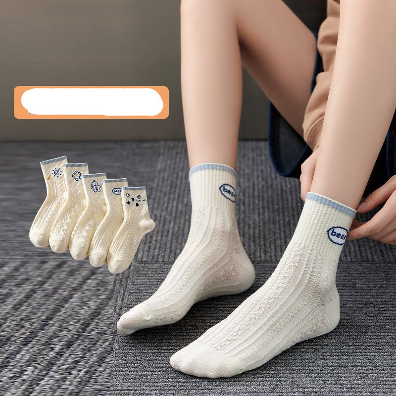 [littlecrab] Kaos Kaki Rajut Biru Base Putih Cream White Knit Blue Love Bear Sun Import Sock High Quality Korean Style
