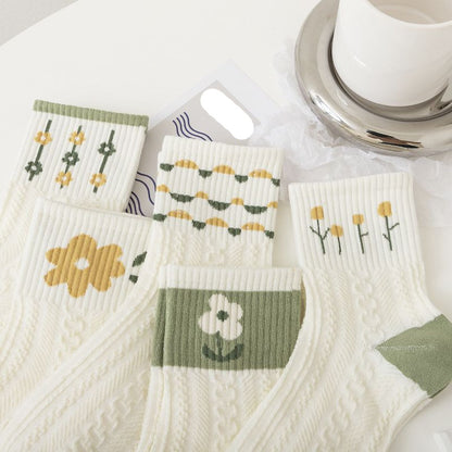 [littlecrab] Kaos Kaki Knit Hijau Bunga Daun Base Putih Cream Import Sock High Quality Cute Soft Green Korean Style