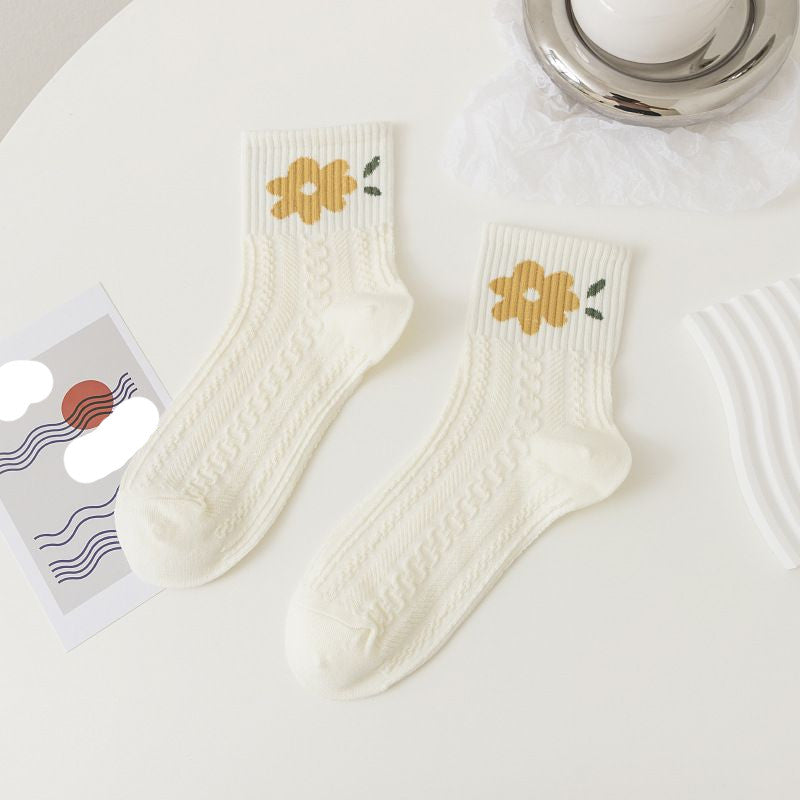 [littlecrab] Kaos Kaki Knit Hijau Bunga Daun Base Putih Cream Import Sock High Quality Cute Soft Green Korean Style
