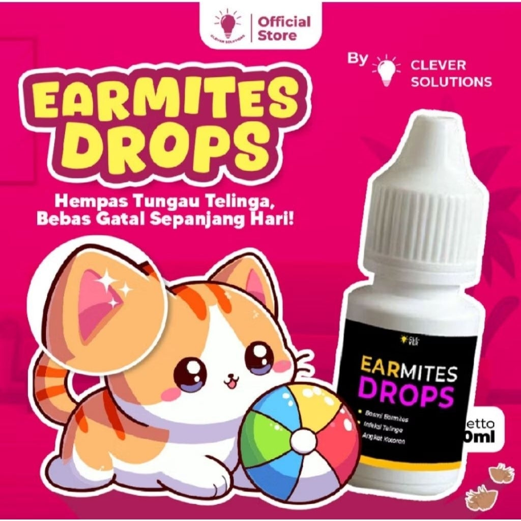 EARMITES DROPS Obat Telinga Kucing – Obat Infeksi, Gatal, Iritasi dan Radang Telinga