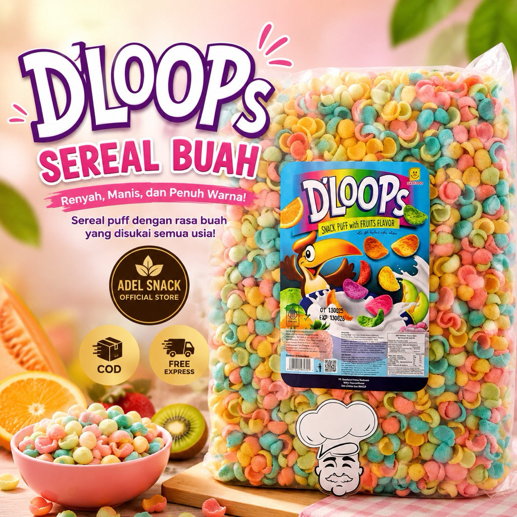 DLOOPS SEREAL BUAH DAN COKLAT FRUIT CRUNCH CEMILAN SEREAL RASA BUAH DLOOPS BERAT 1KG