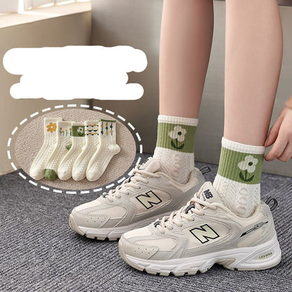 [littlecrab] Kaos Kaki Knit Hijau Bunga Daun Base Putih Cream Import Sock High Quality Cute Soft Green Korean Style